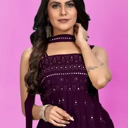 PARROT CREATION Floral Embroidered Sequinned Georgette Kurti With Palazzos And Dupatta image 3