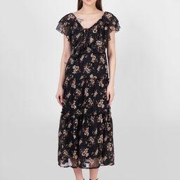 DRIRO Women Floral Printed Tie-Up Neck Flutter Sleeves Smocked A-Line Midi Dress-image-40