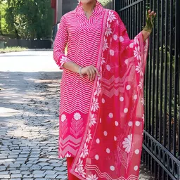 Navlik Striped Printed Mandarin Collar Straight Thread Work Kurta With Trousers & Dupatta-image-79