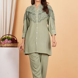 Kaftanize Embroidered Top With Trousers Co-Ords-12
