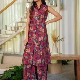 Peachmode Floral Printed Shirt Collar Co-Ord-image-55
