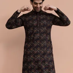 KISAH Men Geometric Embroidered Sequins Cotton Straight Kurta-picture-28