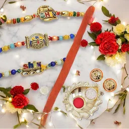 MEIRA JEWELLERY Set Of 3 Stone-Studded Rakhi With Greeting Card Gift Set-0
