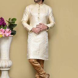 RANAK Ethnic Motifs Woven Design Thread Work Mandarin Collar Cotton Straight Kurta-image-24