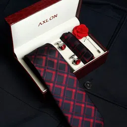 Axlon Men Checked Tie, Cufflinks, Flower Pin & Pocket Square Accessory Gift Set-96