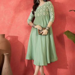 Sangria Floral Yoke Design Round Neck Thread Work Fit And Flare Ethnic Dress-image-97