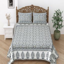 Desi Mantra Grey & White Floral 120 TC Queen Bedsheet with 2 Pillow Covers-image-43