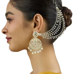 FEMMIBELLA Gold-Plated Artificial Stones Studded & Beaded Chandbalis With Ear Chain image 5