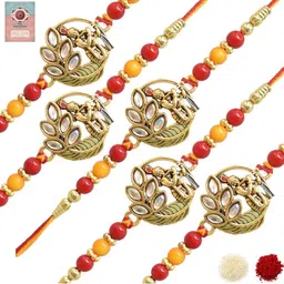 MEIRA JEWELLERY Set Of 5 Rakhi With Roli Chawal & Greetings Card Set-picture-12