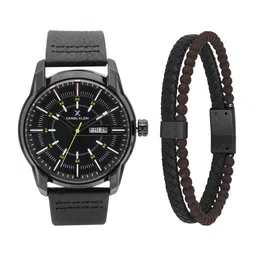Daniel Klein Men Patterned Dial & Leather Analogue Gift Set Watch with Bracelet DKG004-6-58