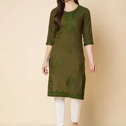 HERE&NOW Floral Embroidered Round Neck Thread Work Chanderi Cotton Straight Kurta-picture-20