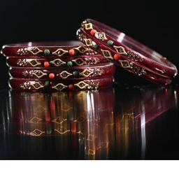 1ST TIME Set Of 12 Maroon Alloy Artificial Stones & Beads Antique Bangles-picture-34