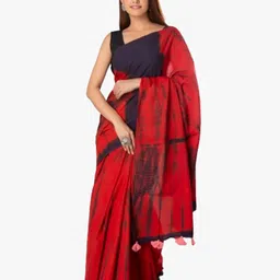 TROPWEAR Red & Black Tie and Dye Pure Cotton Block Print Saree-picture-8