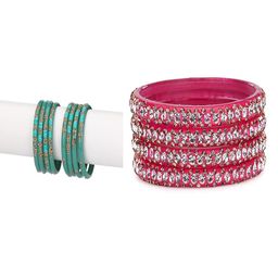 SOMIL Set Of 12 Turquoise Blue And Pink Glass Artificial Stones & Beads Bangles-picture-37