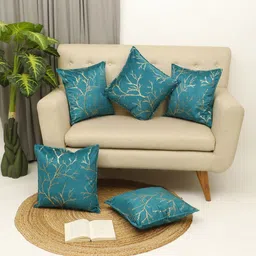 THE CONVERSION Turquoise Blue 5 Pieces Floral Textured Velvet Square Cushion Covers-7