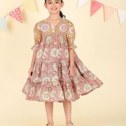 Fabindia Girls Cotton Ethnic Motifs Printed Tiered Bell Sleeve Fit & Flare Dress-image-63