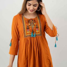 DMP FASHION Floral Yoke Design Tie up Neck Thread Work A-Line Kurti-picture-54