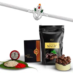 DeoDap Rakhi Gift Set with Silver coin, Roli-chawal, Choclate and Greeting card-89