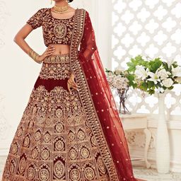 ETHNIC PLUS Embroidered Velvet Semi-Stitched Lehenga With Unstitched Blouse & Dupatta-image-57
