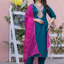 Fairypink Women Woven Design Embroidered Kurta with Trousers & Dupatta-image-48