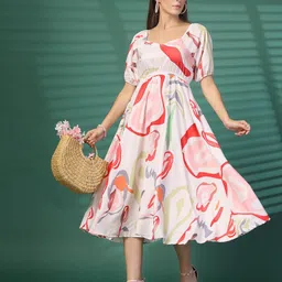 Oomph! Abstract Printed Puff Sleeve Fit & Flare Midi Dress-5