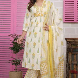 KALINI Women Floral Printed Regular Mirror Work Pure Cotton Kurta with Palazzos & With Dupatta-picture-45
