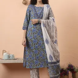 Yufta Women Floral Print Regular Sequinned Pure Cotton Kurta Sets With Dupatta-picture-23