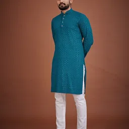 PulseIQ Geometric Embroidered Mandarin Collar Sequinned Kurta-image-14