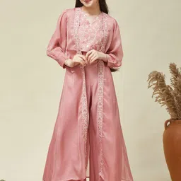 CurlyTales Girls Embroidered Regular Crop Top and Palazzos With Shrug-picture-41