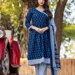 Wedani Floral Printed V-Neck Pleated Pure Cotton A-Line Kurta With Trousers & Dupatta-picture-38