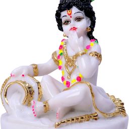 GW CREATIONS White & Gold-Toned Lord Krishan Marble Finish Religious Idol Showpiece-image-61