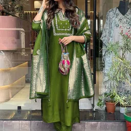 Siya Fashion Floral Yoke Design Notch Neck Zari Straight Kurta With Trouser & Dupatta-12