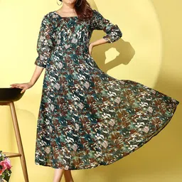 Fashion2wear Floral Print Bell Sleeve Georgette A-Line Midi Dress-picture-11