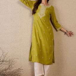 Indo Era Ethnic Motifs Embroidered Thread Work Notch Neck Straight Kurta-12