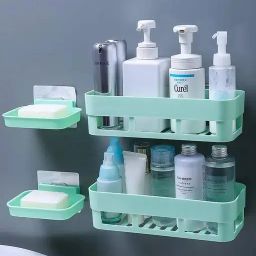 ABS Storage Rack Self Adhesive Box Kitchen Bathroom Shelves(2 Shelves+ 2 Soap ) Plastic Wall Shelf-image-57