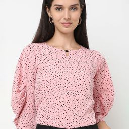 NOT SO PINK Women Polka Dot Print Keyhole Neck Puff Sleeve Regular Top-image-87