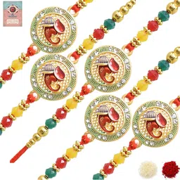 MEIRA JEWELLERY Set Of 5 Beaded Ganesha Rakhi Comes with Roli Chawal & Greeting Card-image-93