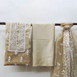 HERE&NOW Floral Embroidered Thread Work Organza Unstitched Dress Material-image-58