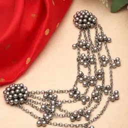 Moedbuille Women Ghungroo Studded Multi Layered Oxidised Silver Plated Bun Pin Hairband-5