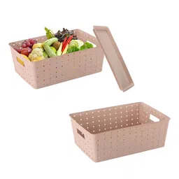 Kuber Industries Beige Pack of 2 Cannes Pattern Stackable Storage Box with Lid Organisers-46