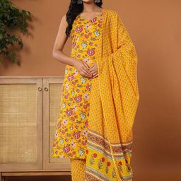 Yufta Floral Printed Pure Cotton Straight Kurta with Trousers & Dupatta-picture-30