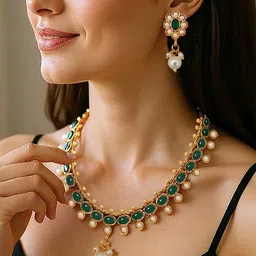 LUCKY JEWELLERY Gold-Plated Stone Studded & Beaded Jewellery Set-picture-5