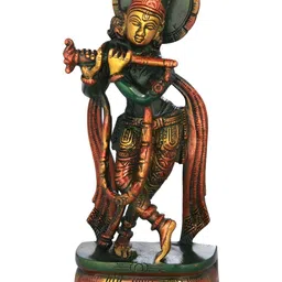 Exotic India Green & Brown Lord Krishna Playing On Flute Religious Idol Showpiece-1