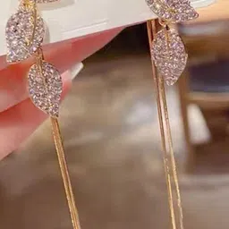 FIMBUL Gold-Plated Artificial Stones Studded Leaf Shaped Drop Earrings image 3