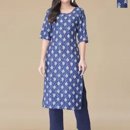HERE&NOW Selection OF 2 Floral Printed Round Neck Straight Kurta-image-3