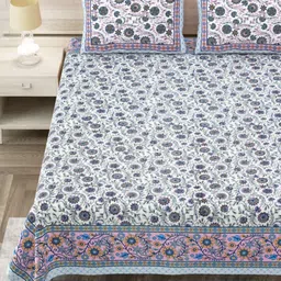 Aapno Rajasthan White & Blue Ethnic Motifs 144 TC King Bedsheet with 2 Pillow Covers-image-40