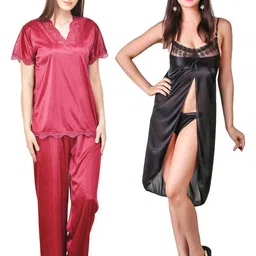 PHALIN Women Multicoloured Satin Solid Nightdress-image-101