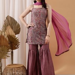 indo street Women Paisley Printed Regular Silk Crepe Kurti with Sharara & With Dupatta-image-30