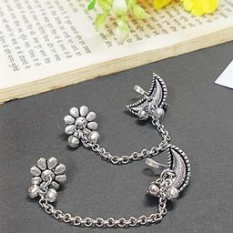 The Pari Silver-Plated Ghungroo Beaded Oxidised Floral Shaped Ear Cuff-image-5
