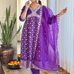 Moda Rapido Women Empire Thread Work Chanderi Silk Kurta with Trousers & With Dupatta-picture-36